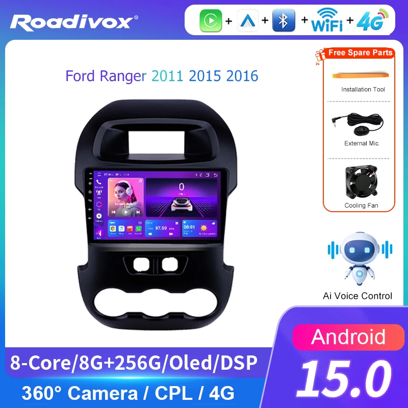 AI VOICE roadivox Android car radio for  Ford Ranger 2011 2015 2016 stereo GPS Navigation video Multimedia Player tape