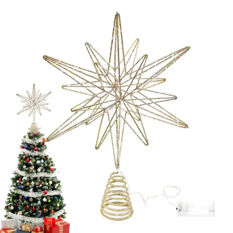 Árbol de Navidad Explo sion estrella decoración luz LED alimentado por batería Topper diseño hueco brillo árbol Topper Decoración