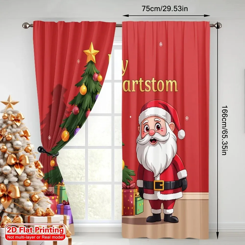 2PCS Digital Print Curtains, Cartoon Santa Claus Christmas Tree Gift Boxes Red, Cute Holiday for Living Room Bedroom Decor