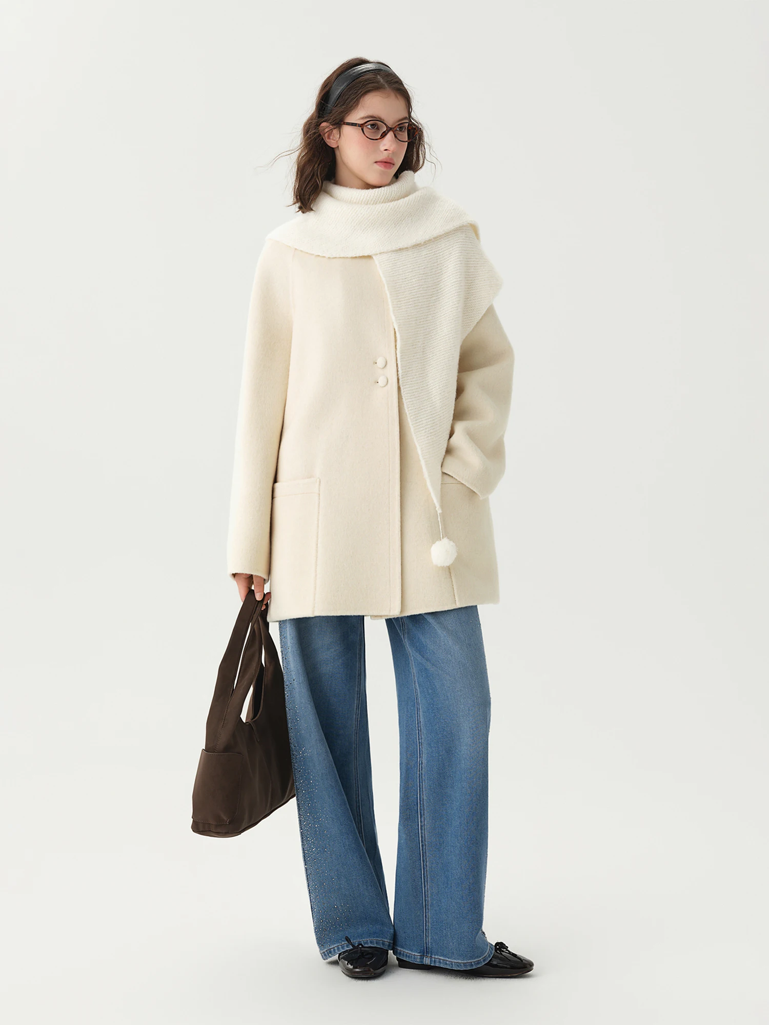 DUSHU Women Fashion Commuter Cape-Style Crew Neck Double-Faced Wool Coat Elegant Mid-Length Warm Woolen Overcoat Winter New