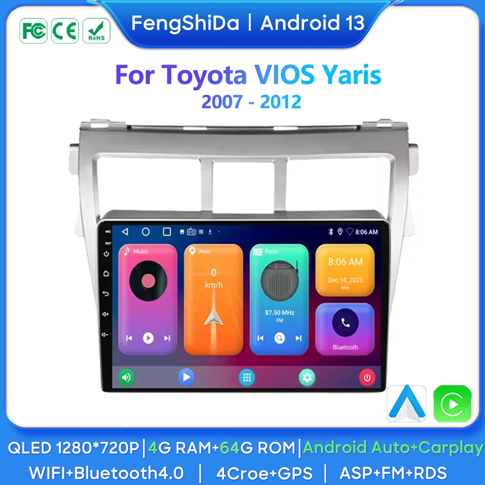 QLED Radio mobil, sistem cerdas Stereo layar mobil untuk Toyota VIOS Yaris 2007 2008 2009 2010 - 2012 Auto Radio GPS Android Auto BT WiFi