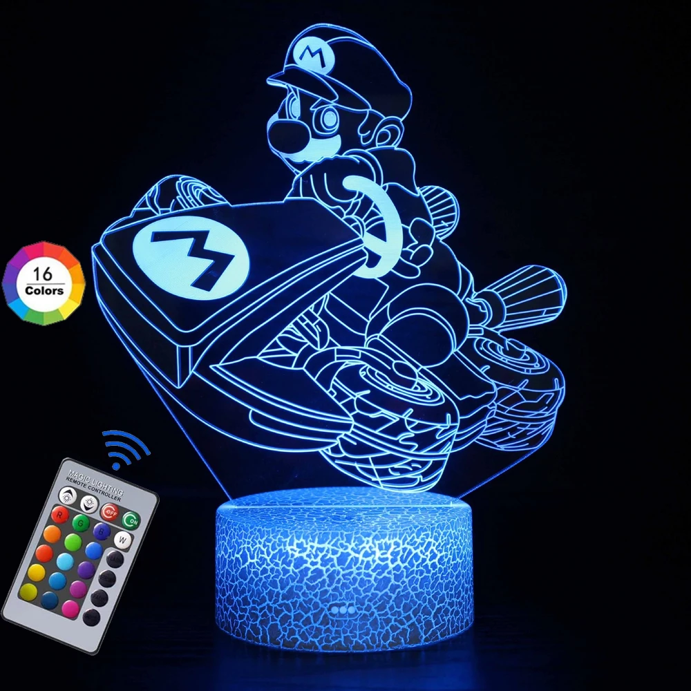 Super Mario Brothers Racing Night Light, iluminación 3D, 7/16 colores, táctil, ajustable, carga USB, decoración, regalo de cumpleaños