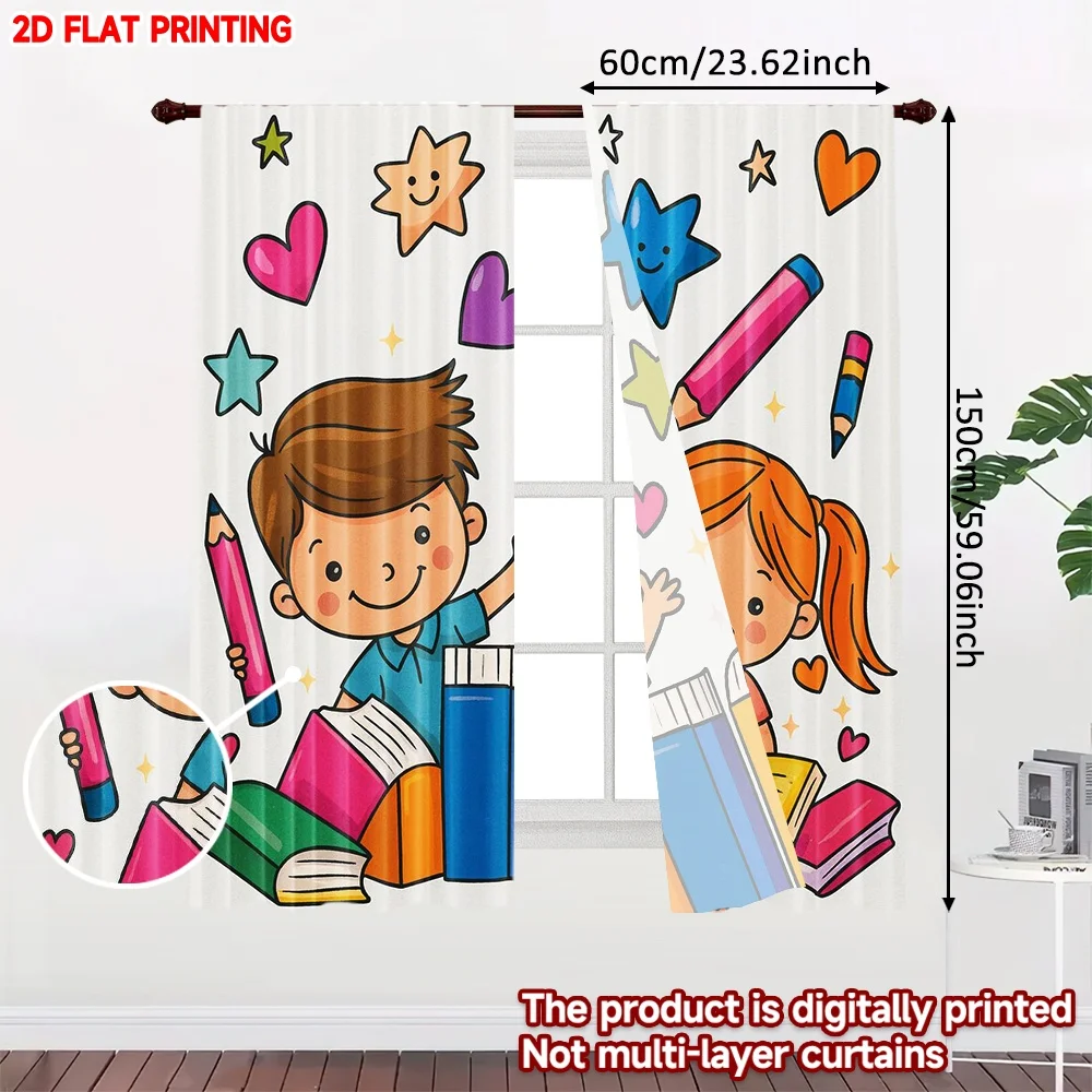 2D flat printing 2pcs Curtains Back to School Fun Digital Printed Polyester Drapes Birthday Party Use for Outdoor Holiday