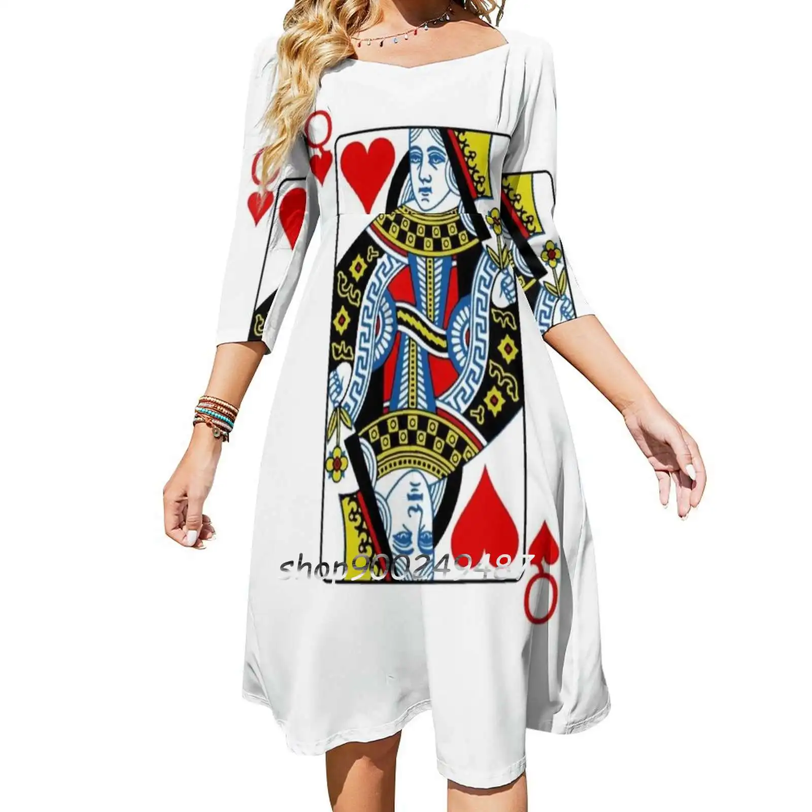 

Queen Of Hearts Playing Card Square Neck Dress Sweet Summer Dress Women Elegant Halter Print Dress Queen Of Hearts Playing