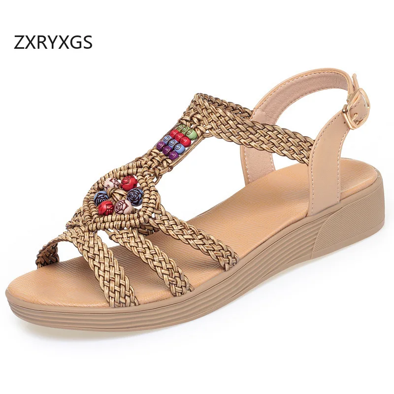 ZXRYXGS Bohemian Style Real Leather Microfiber Spell Colors Woven Sandals Comfortable Soft Sole Women Fashion Sandals Flats 2026
