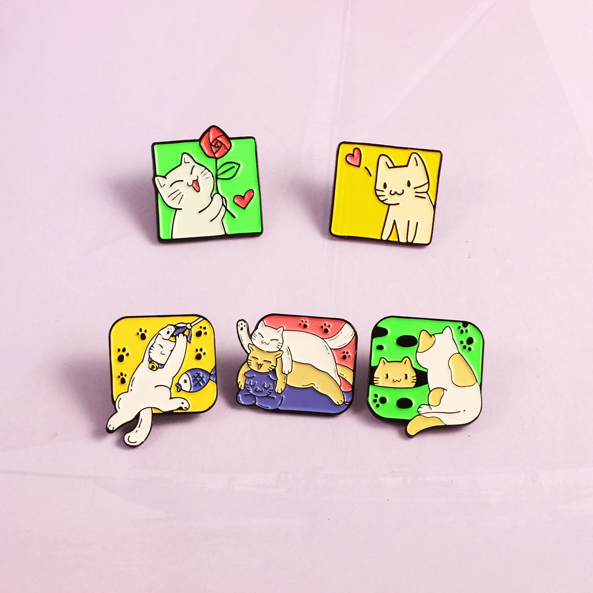 Sleep Play games Cats Club Kitten Pin Lapel Badge Jewelry for Kid Friend Colorful Cat Animal Enamel Pins Rose Love Fishing