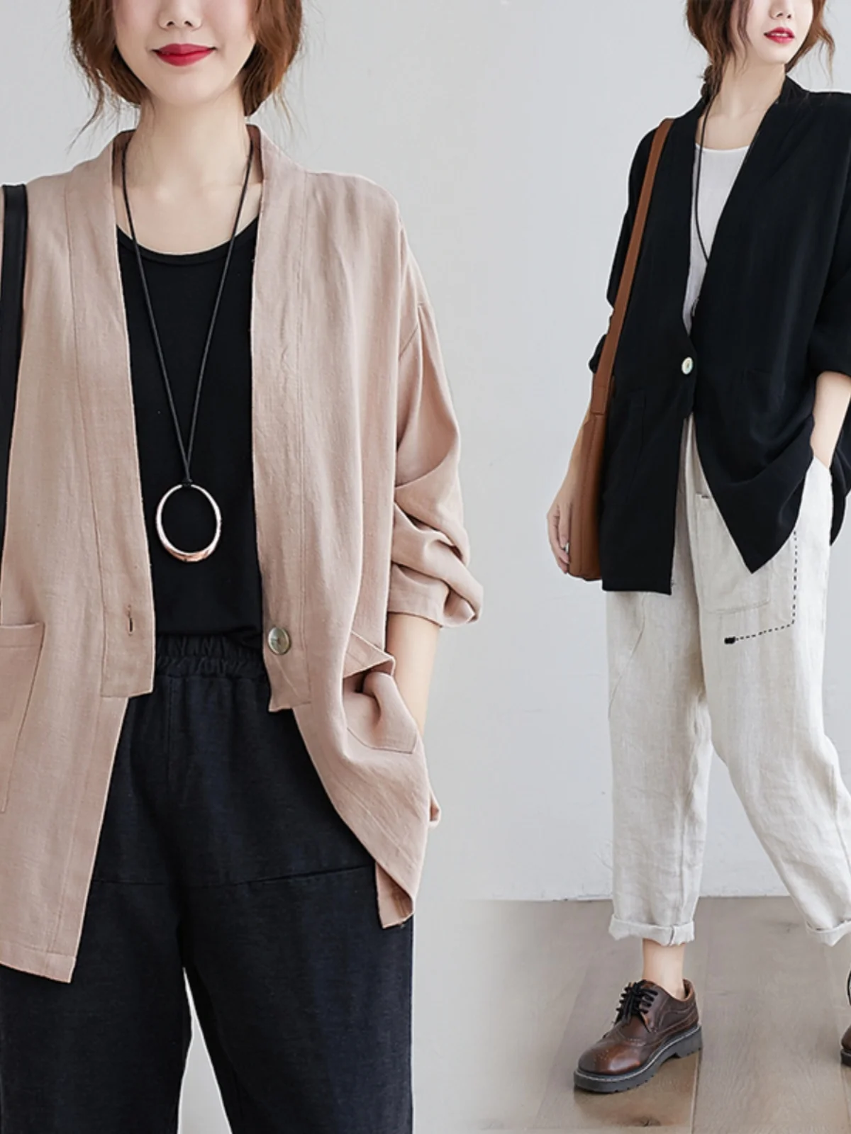 

Cotton Linen Jaet Women's Loose Long Sve Vintage Thin Mized Retro Sle Spring Autumn New Arrival plus Size Outerwear