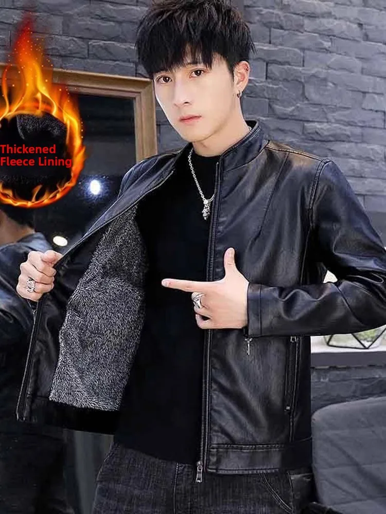 

Men's Fce Lined Biker Jaet Zipper Closure Stand Collar Pure Color Autumn Winter Faion Leather Jaet Youth Slim Fit Sle