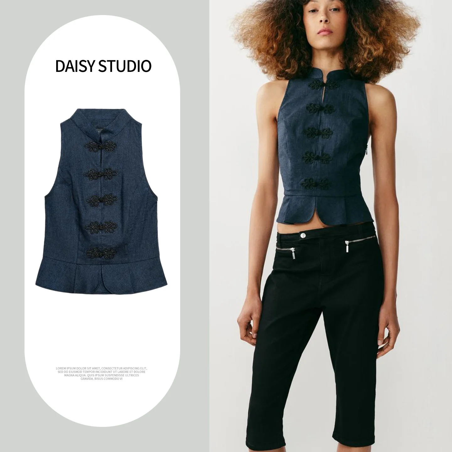 Summer New Women's Sleeveless High Collar Chinese Style Pleated A-Line Hem Waist-Cinching Top Polyester Fiber Short Length