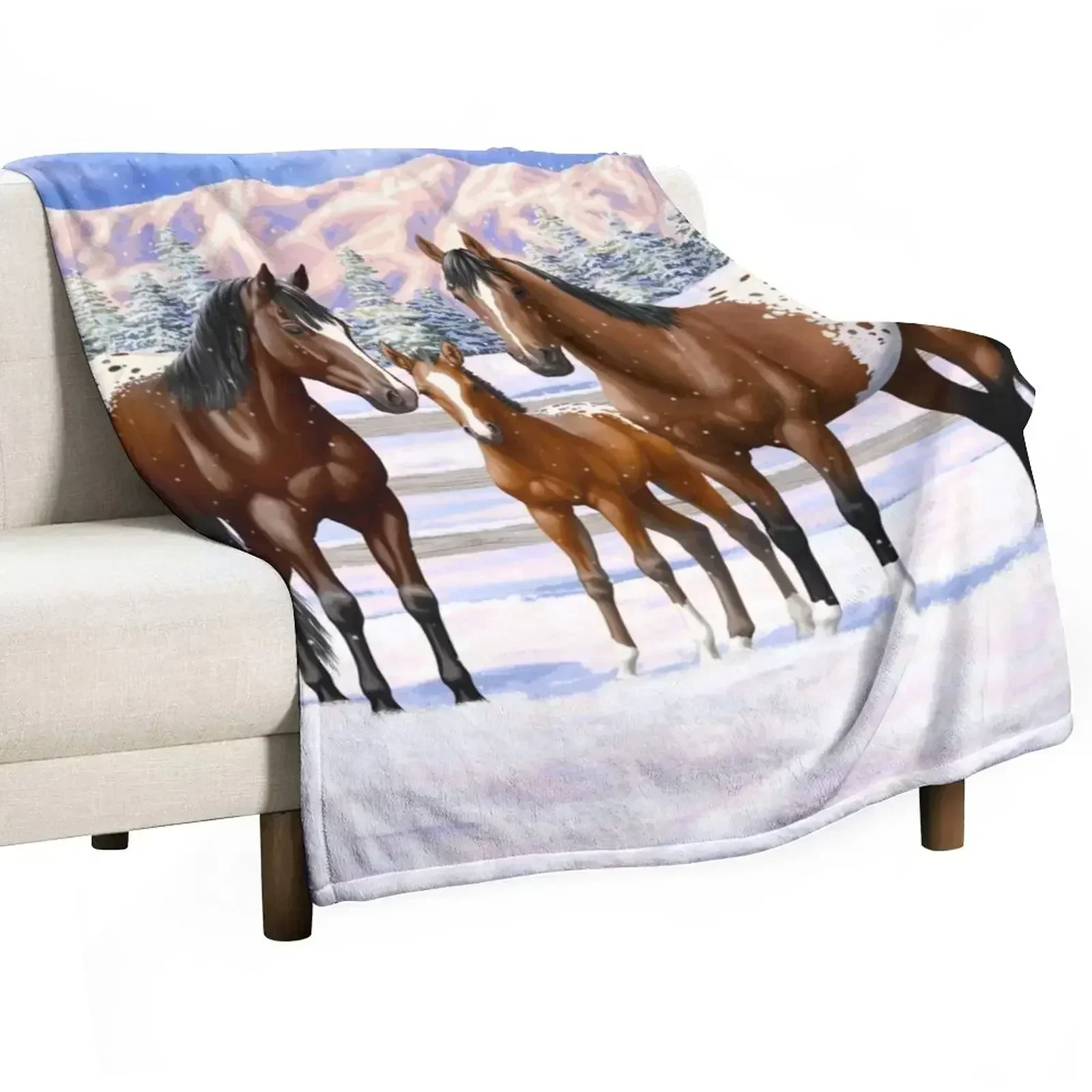 Bay Appaloosa Quarter Horses In Winter Snow Throw Blanket Bed manga Custom Quilt Multi-Purpose Flannels Blankets