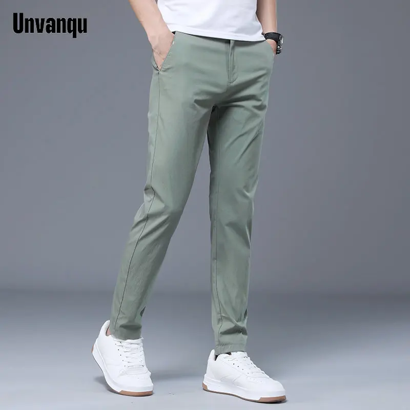 UNVANQU 2023 Quick Drying Summer Ice Silk Thin Pants Streetwear Men Straight Leg Casual Trousers Slim Fit Cotton Jogger Green