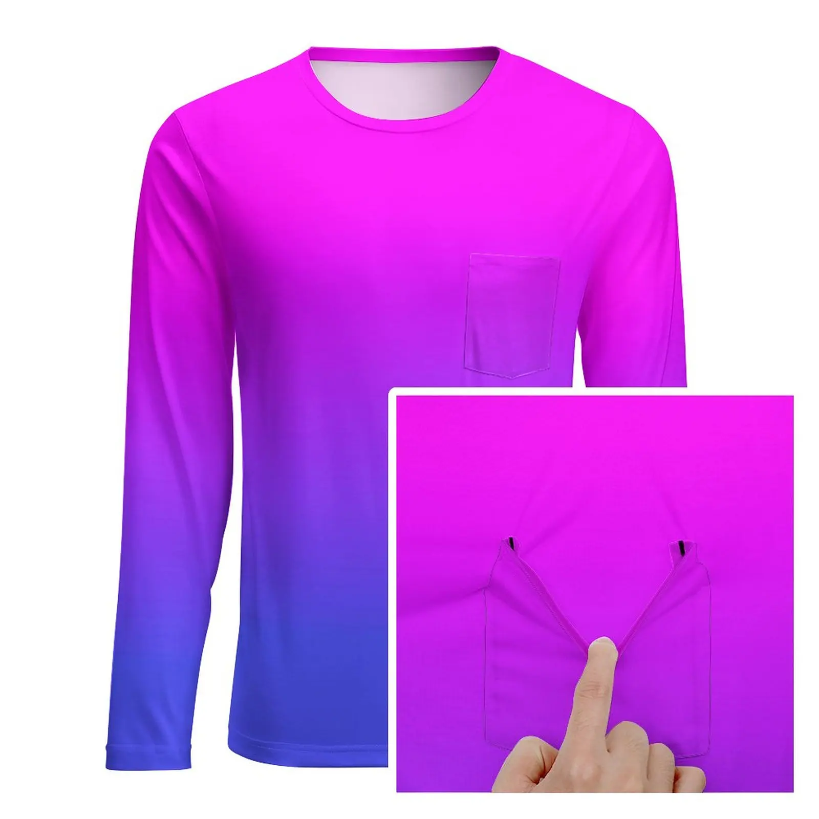 Neon Ombre T-Shirt Male Blue and Pink Streetwear T-Shirts Autumn Trendy Tee Shirt Long Sleeve Graphic Oversize Clothes