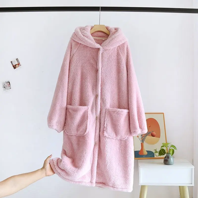 

Flannel Pajamas Female Super Cute Round Neck Hooded Home and Home Night Gown Fall and Winter Style Warm Wintertime New Style