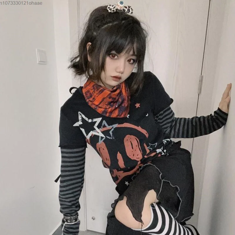 Y2k würziges Mädchen Punk-Stil Tops weibliche Gothic Kleidung neue Langarm Rundhals-Shirt Frauen gefälschte zweiteilige Stern Harajuku T-Shirt