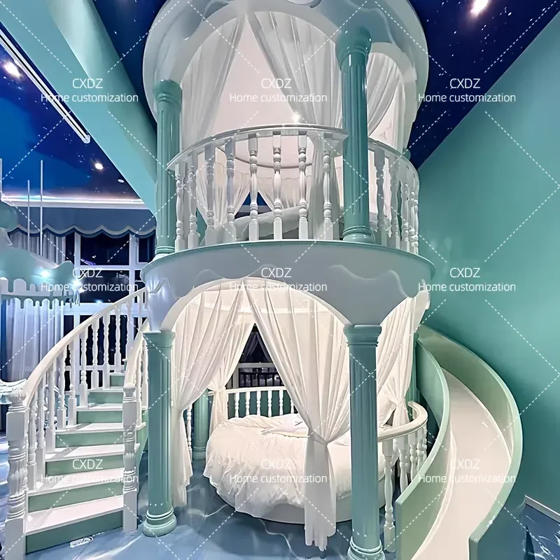 Full Solid Wood Princess Bunk Bed with Slide Pink Dream Castle Style Customizable Round Design for Kids Bedroom Furniture