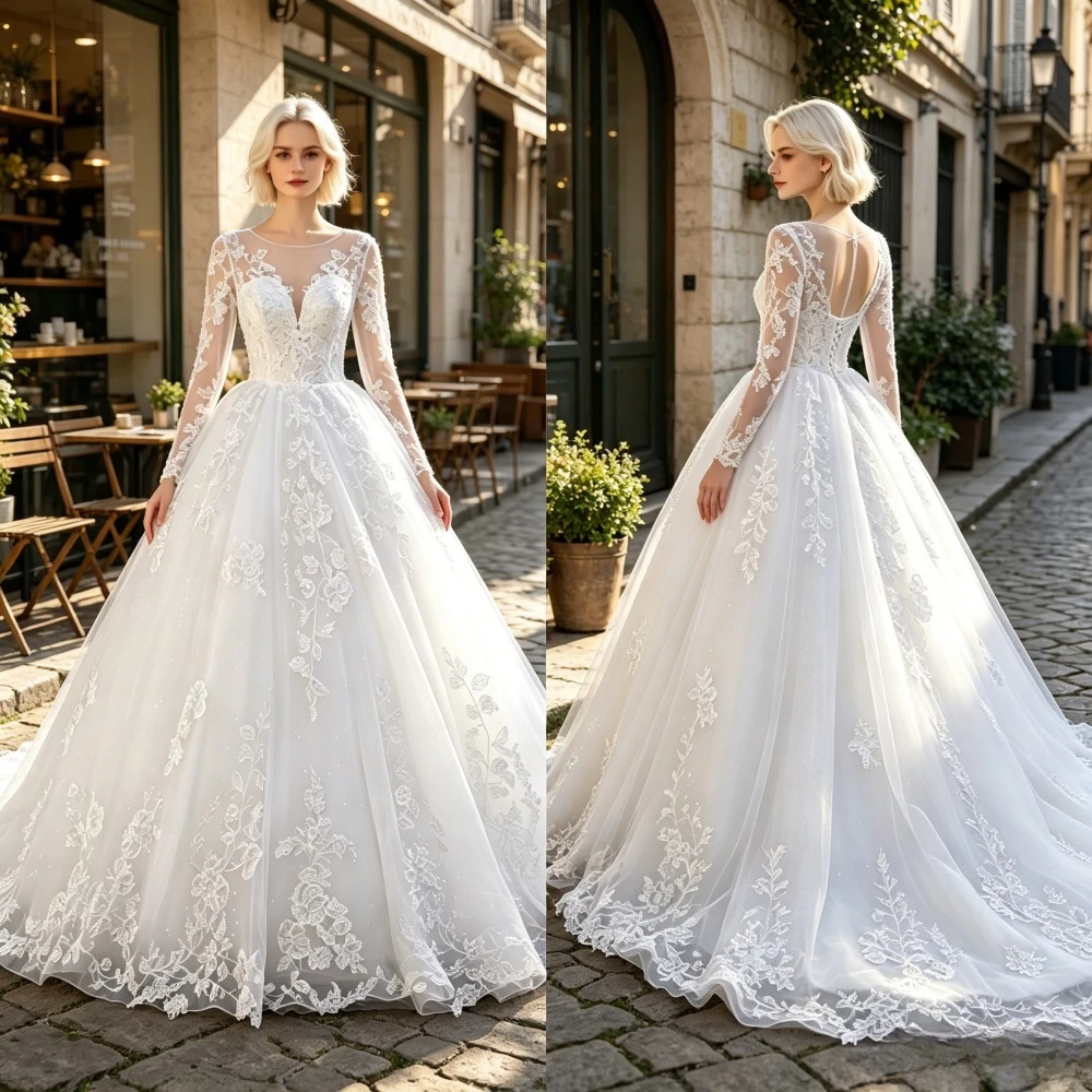 Customized Long Sleeved Transparent Lace Wedding Dress 2026 New White Style V-neck Decal Cathedral Trailing Elegant Bridal Gown