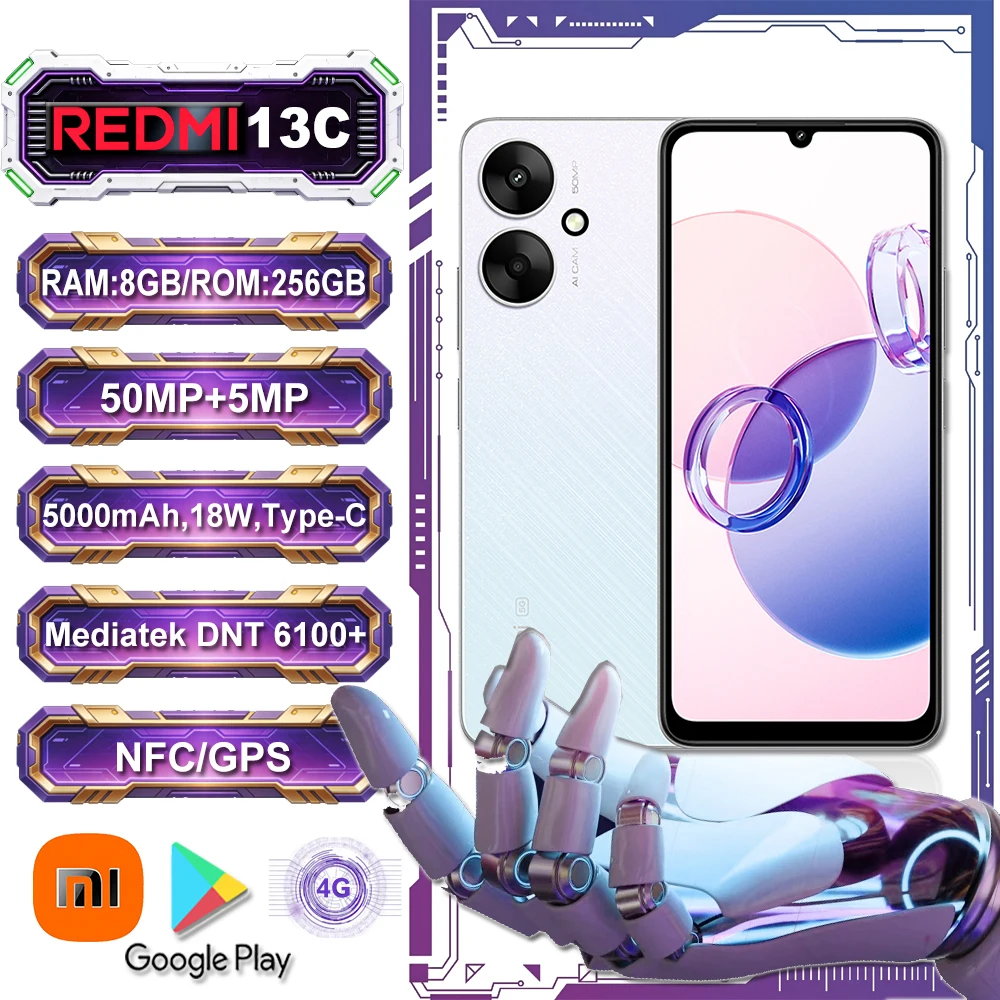 [EU/US/UK specifications] 6.74'' large display Original smart phone Redmi 13C 4G 8GB+256GB 5000mah Long battery life music phone