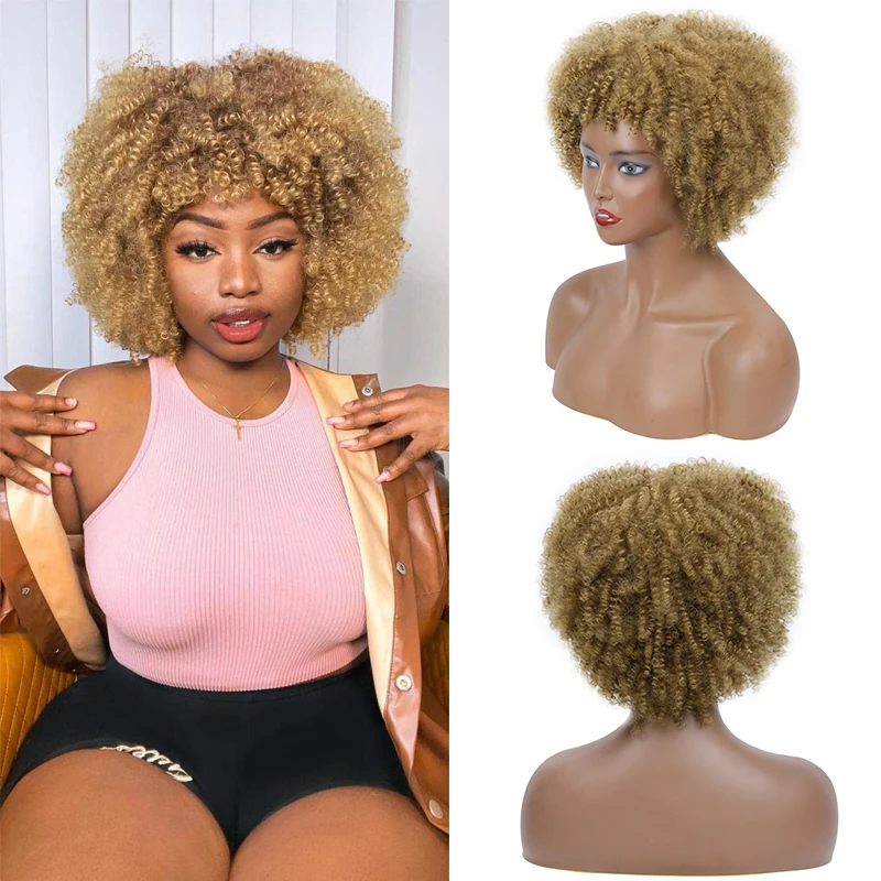 Short Afro Kinky Curly Wig With Bangs For Black Women Cosplay Lolita Natural Hair Ombre Mixed Brown Synthetic African Wigs