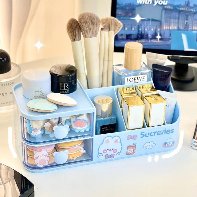 2026 New Desktop Storage Box Organizer Cute Bear Handle Drawer Type Desk Organizer Multi-grid Pen Holder with Kawaii Stickers