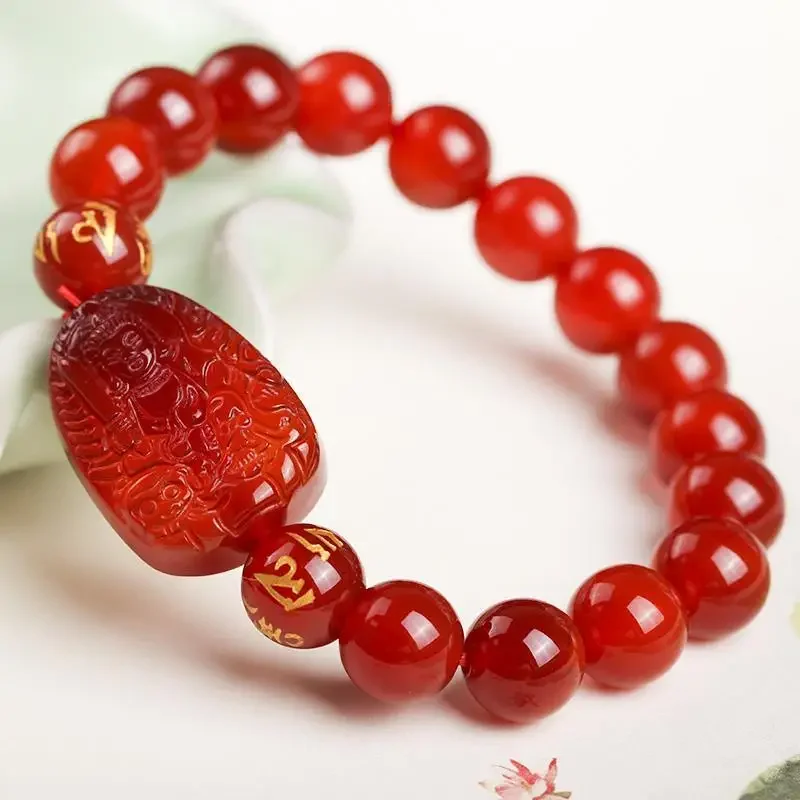 Natural Red Onyx 12 Zodiac Rabbit Benmingfo Men's and Women's Bracelets Eight Guardian God Manjusri Bodhisattva Handstring Gift