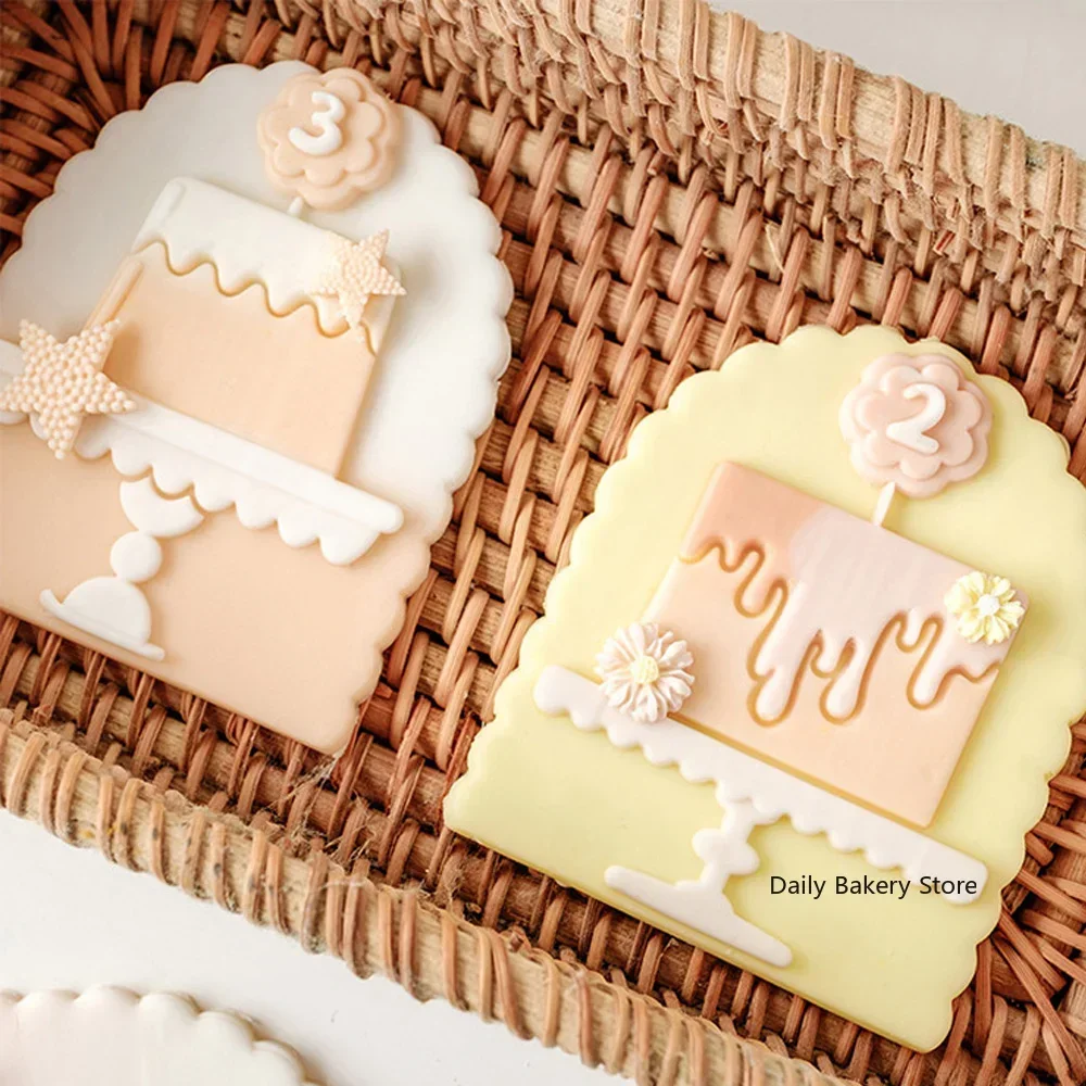 Cartoon Birthday Cake Pattern Cookie Embossing Mold Fondant Stamp Baby Shower Anniversary Dessert Cake Decorations Baking Tool