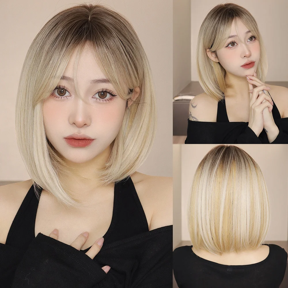 Short Blonde Highlight Bobo Wig for Women Straight Natural Party Daily Wig with Bangs Soft Cosplay Synthetic Hair Heat Resistant