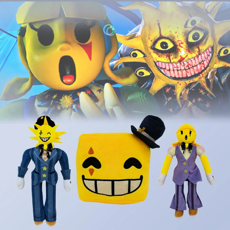 Cartoon Yellow Sun Jester Plush Toy Soft Stuffed Square Smile Face Doll Anime Figure Plushie Kids Birthday Christmas Gift Fans