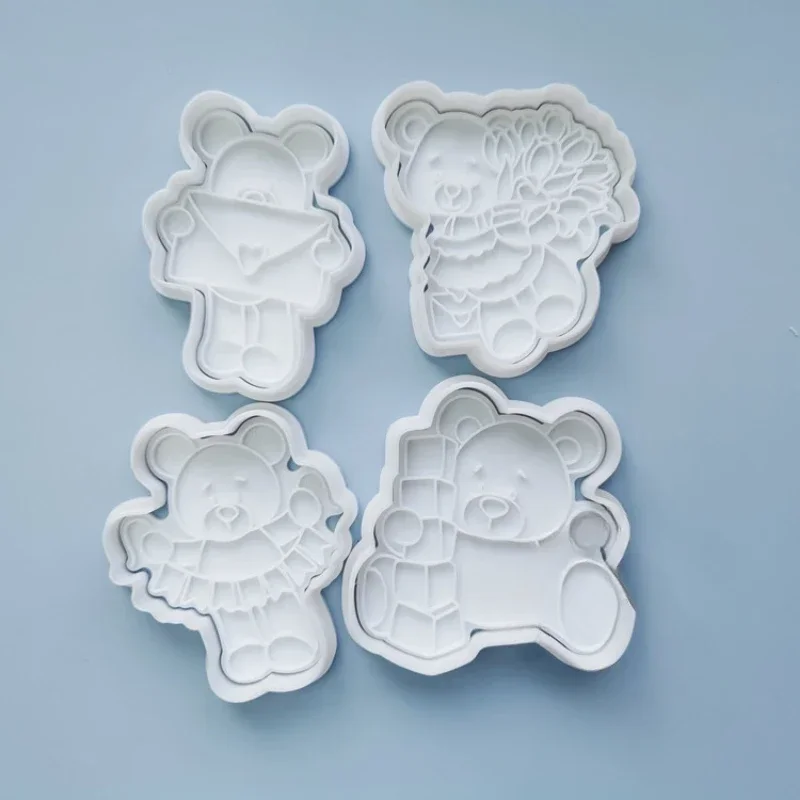 Cute Bear Cookie Cutters Embossing Cartoon Wedding Birthday Flower Fondant Biscuit Molds Cake Decorations Tools Baking Supplies