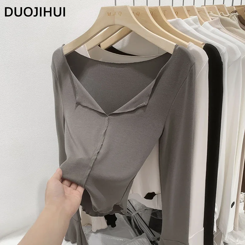 

DUOJIHUI Grey Sexy Chic V-neck Slim Autumn Women T-shirts New Basic Long Sleeve Simple Fashion Casual Pure Color Female T-shirts