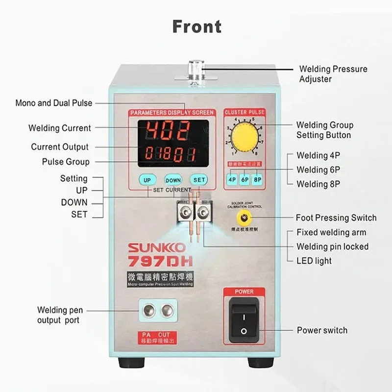 Soldadora por puntos de pulso de precisión de alta potencia SUNKKO-3.8 kilovatios 797DH, 18650 de espesor hasta 0,35 mm