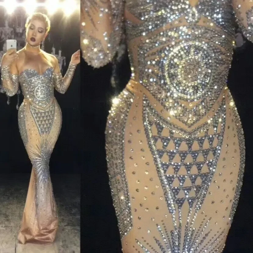 Sparkly Rhinestones Nude Long Dress Sexy Nightclub Full Stones Long Big Tail Dress Costume Prom Birthday Celebrate Dresses