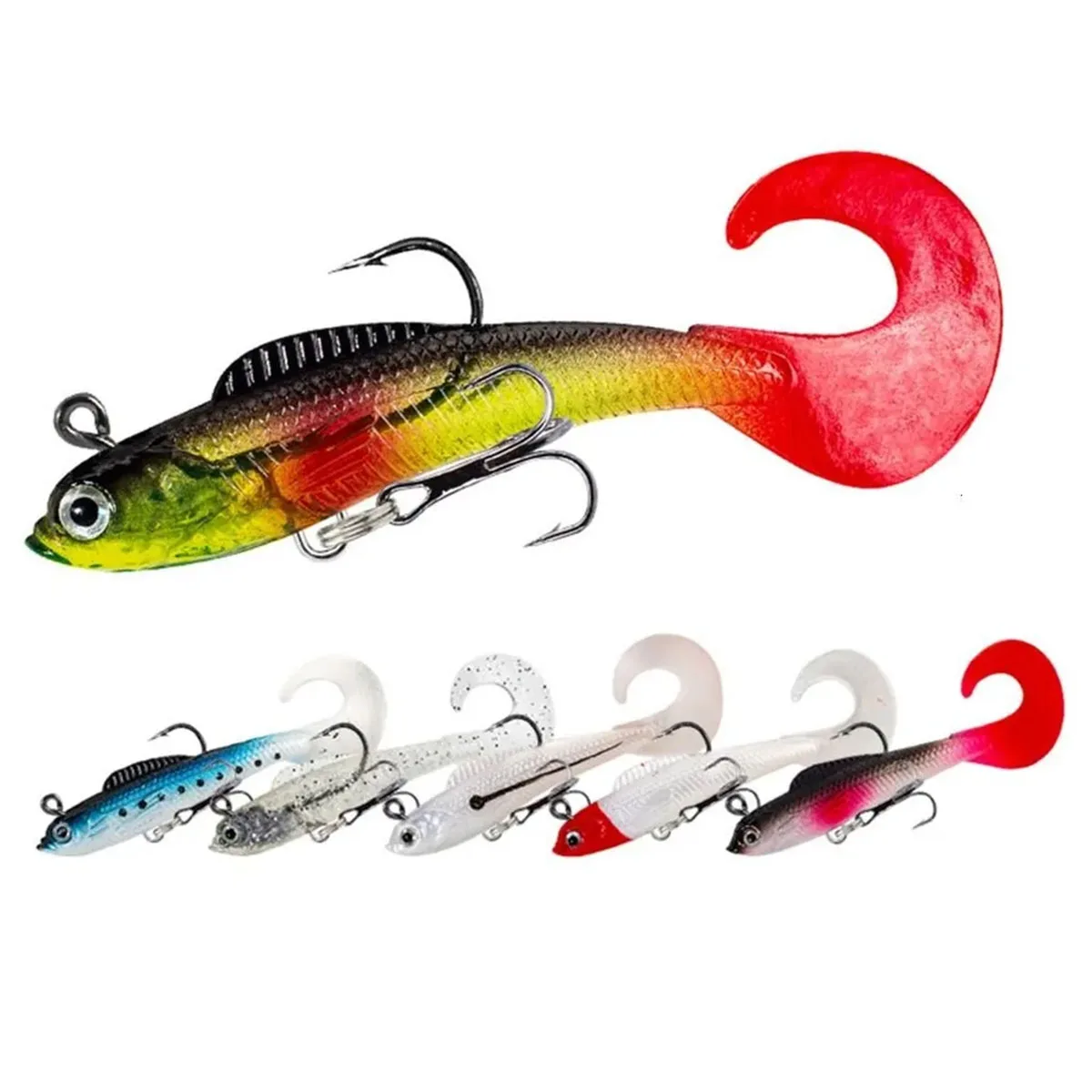 Curly Tail Soft Swimbaits Pre-Rigged Fishing Lures With Treble Hooks, Built-in Lead Weight Artificial Silicone Bait