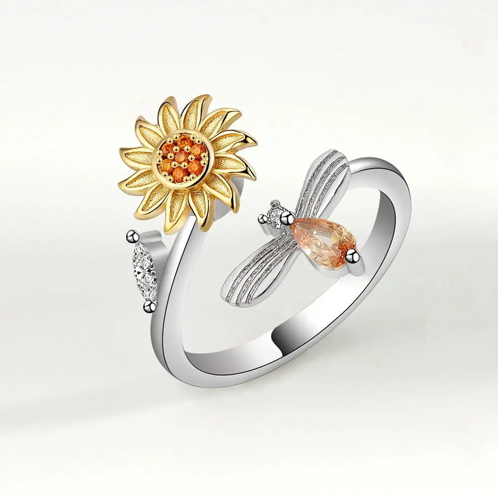 Rhinestone Jewelry Gifts Rotate Freely Women Sunflower Anti-stress Finger Ring Spinning Anxiety Ring Rotating Ring