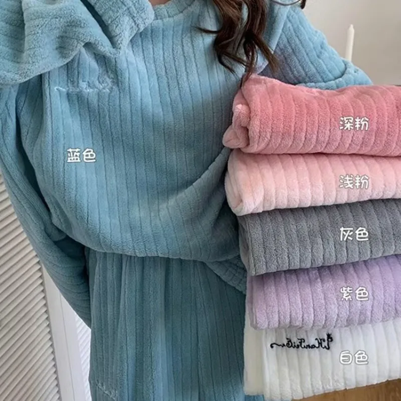 

Зимний женский пижамный комплект из кораллового флиса с длинными рукавами, модная толстая полосатая домашняя одежда для дома, теплая одежда из двух предметов, размер XL