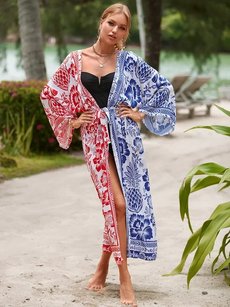 2025 ใหม่Tie Dyeบิกินี่Cover-Upsผู้หญิงชายหาดChicพิมพ์VคอLace Up Plusขนาดชายหาดชุดยาวฤดูร้อนแฟชั่น