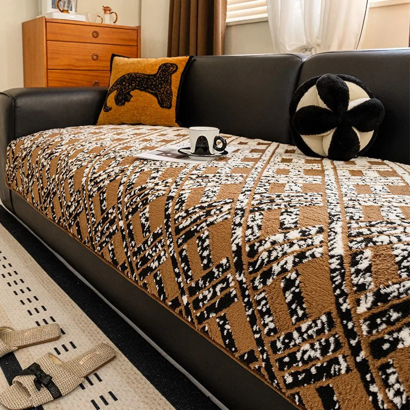 

Thickened Plush Sofa Cover Fabric Autumn and Winter Fixed Anti Slip Straight Row Sofa Cushion Light Luxury and High-end Feeling
