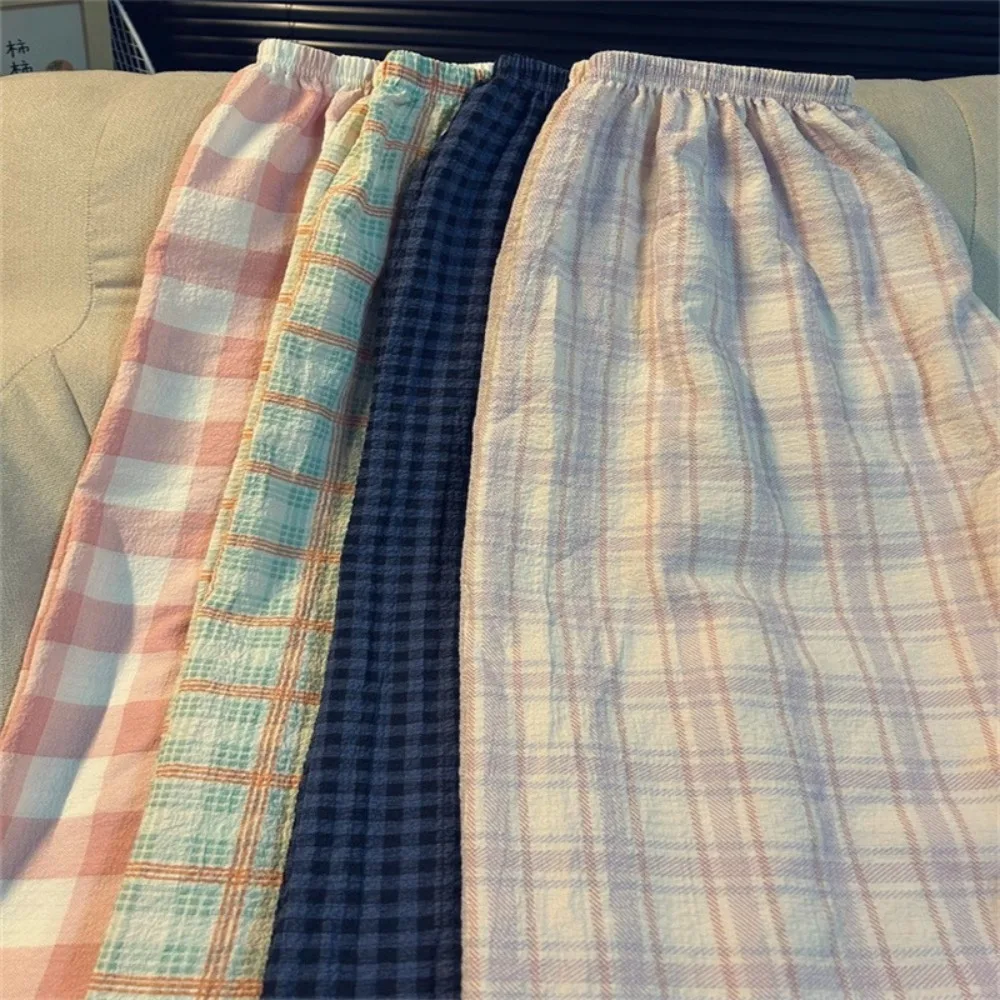 

Удобные повседневные брюки в полоску и клетку для женщин, с высокой талией, широкими штанинами, пижамные брюки для девочек, ночная одежда, милые брюки для студенток