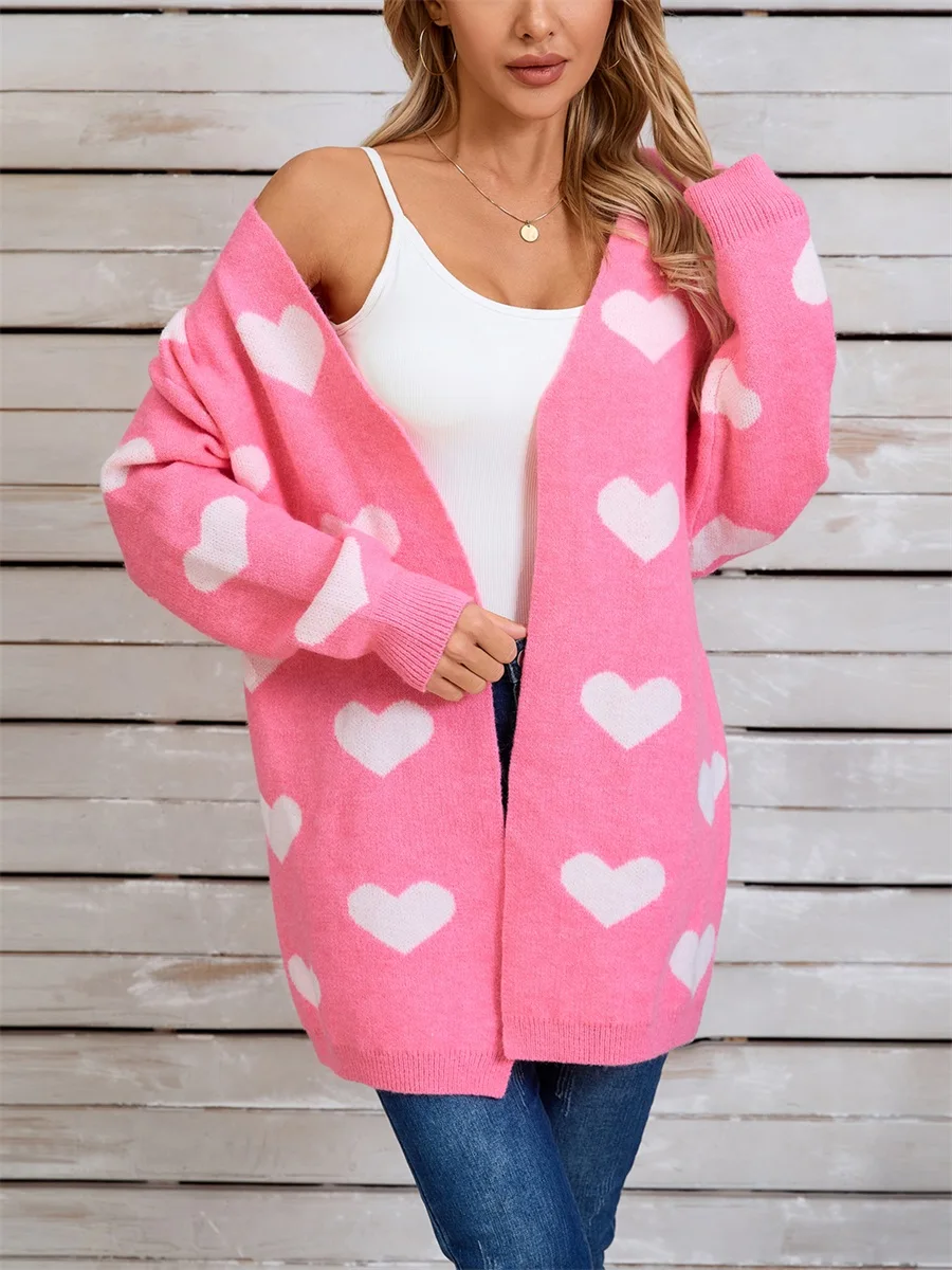 Suéter de punto para mujer Otoño Invierno Cárdigan con cuello en V Manga larga Estampado de corazón Prendas de punto con frente abierto