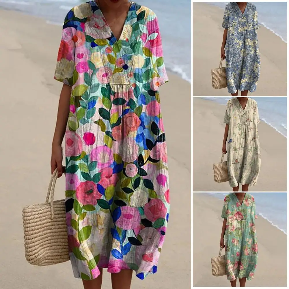 

Individuality Fashion Dress Women Polyester Dress Bohemian Style Floral Print V-neck Dress for Women A-line Summer Party