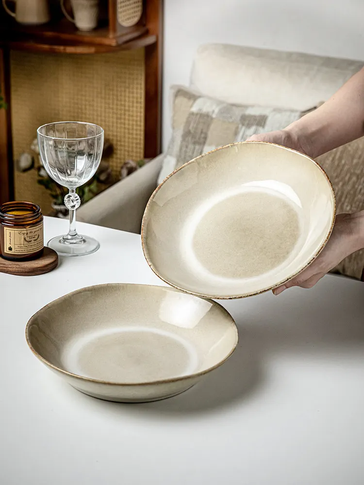 9 Inch Vintage Ruffled Edge Deep Ceramic Plate, Kiln Glaze Irregular Salad Serving Plates for Home Food