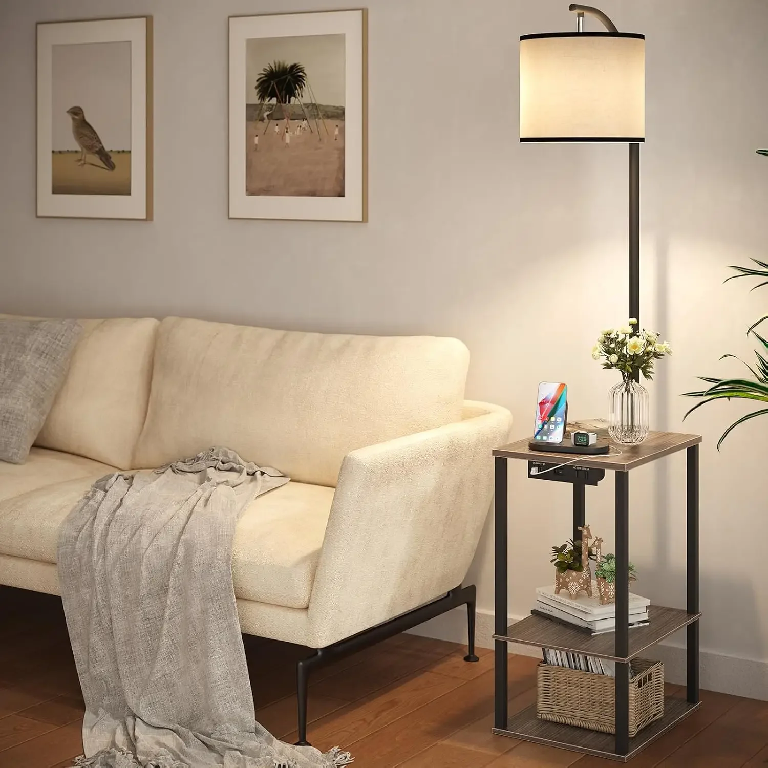Floor Lamp with Table Shelves, End Side Table for Living Room | USB & AC Charging Stations, 3 Color Temperature 9W LED Bulb