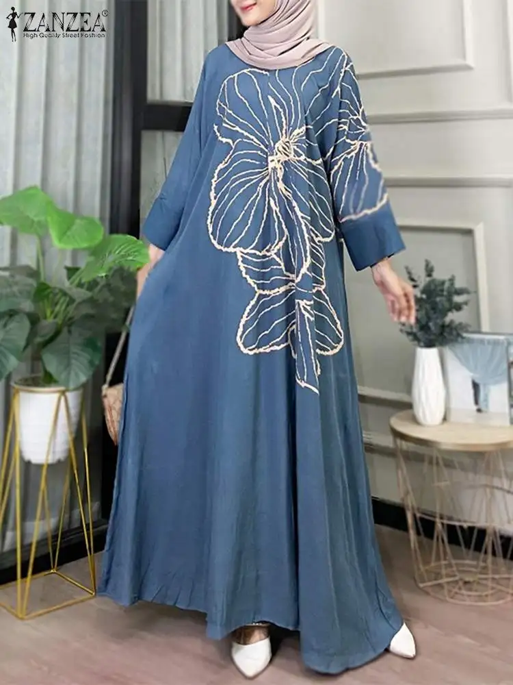 ZANZEA-vestido de verão de manga comprida com decote, vestidos maxi estampados florais, veste abaya muçulmana, roupinha ramadã, casual e solta