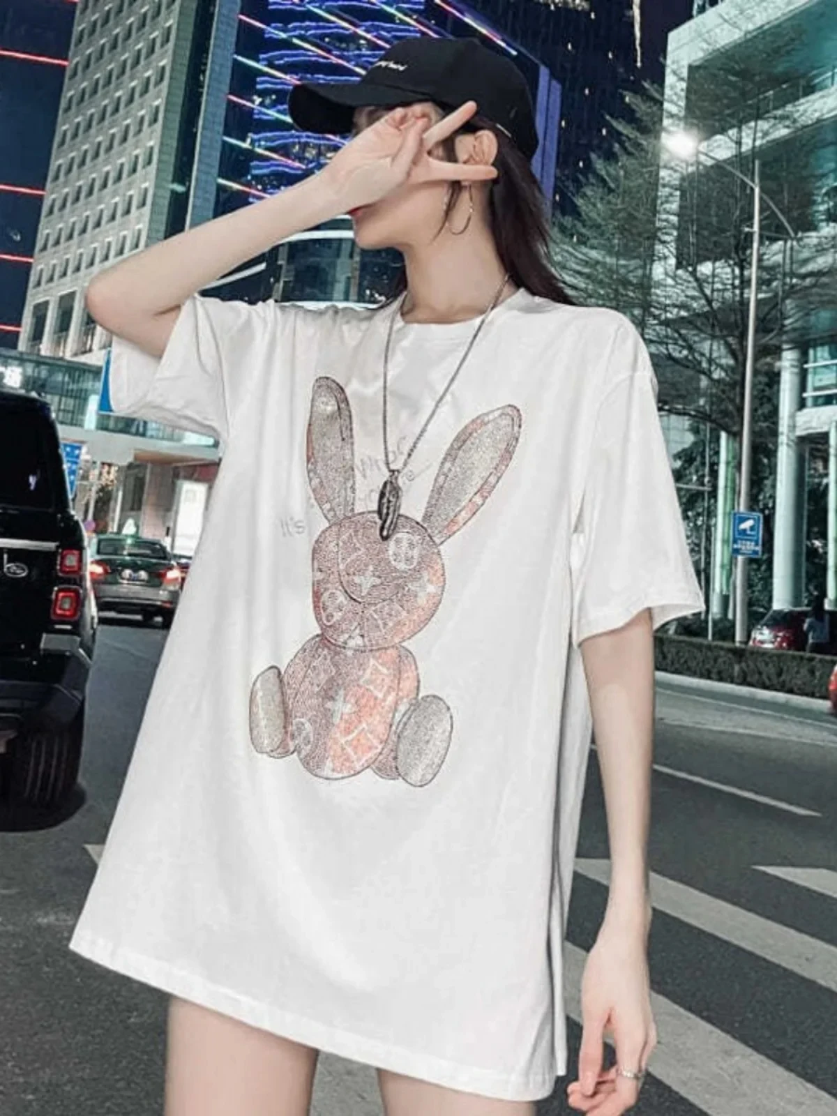 Hot Diamond Pure Cotton Printed Short sleeved T-shirt Women\'s Mid length New Spring/Summer Loose Casual Cartoon Half sleeved Top