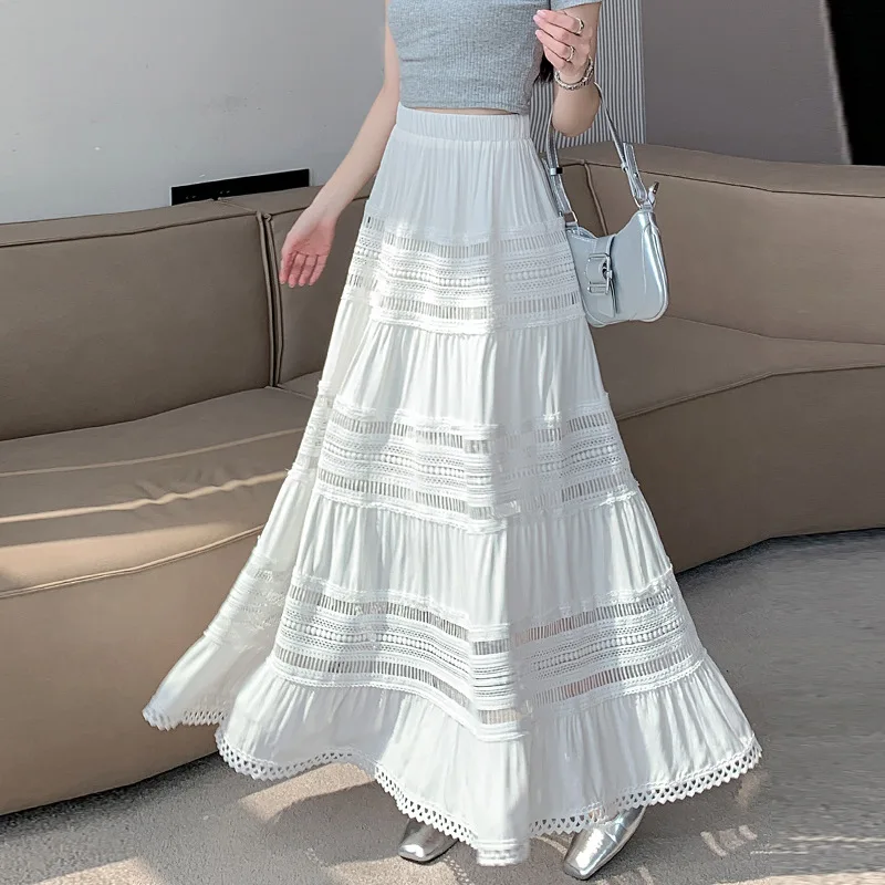 Women's Clothing White Long Skirt Half Body Skirt Women's Spring 2025 New French Hollow Lace A-Line Floor Length Splicing Skirts