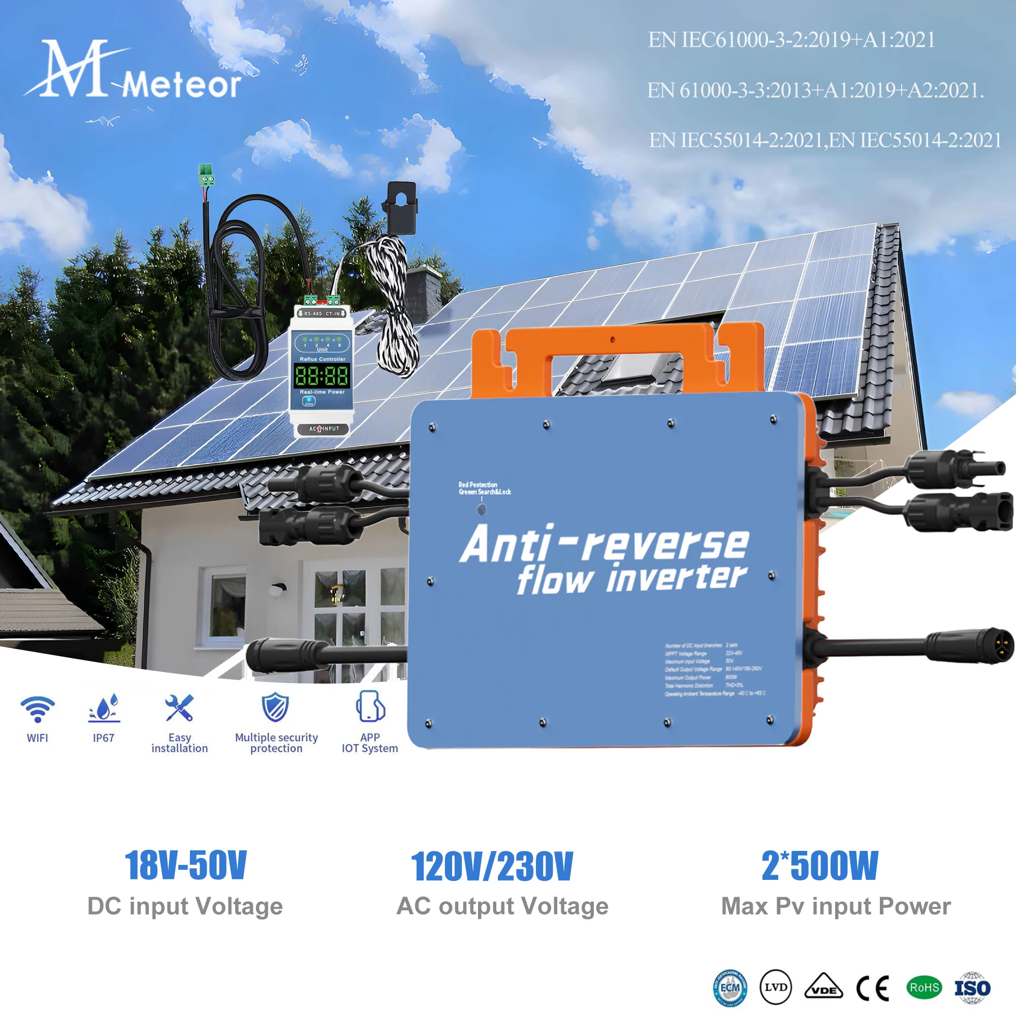 Meteor 800W/1000W Solar Grid-Tie Micro Inverter Limiter Sensor PV Input 20-60V, Output 120/230VAC with WiFi&Anti-Backflow