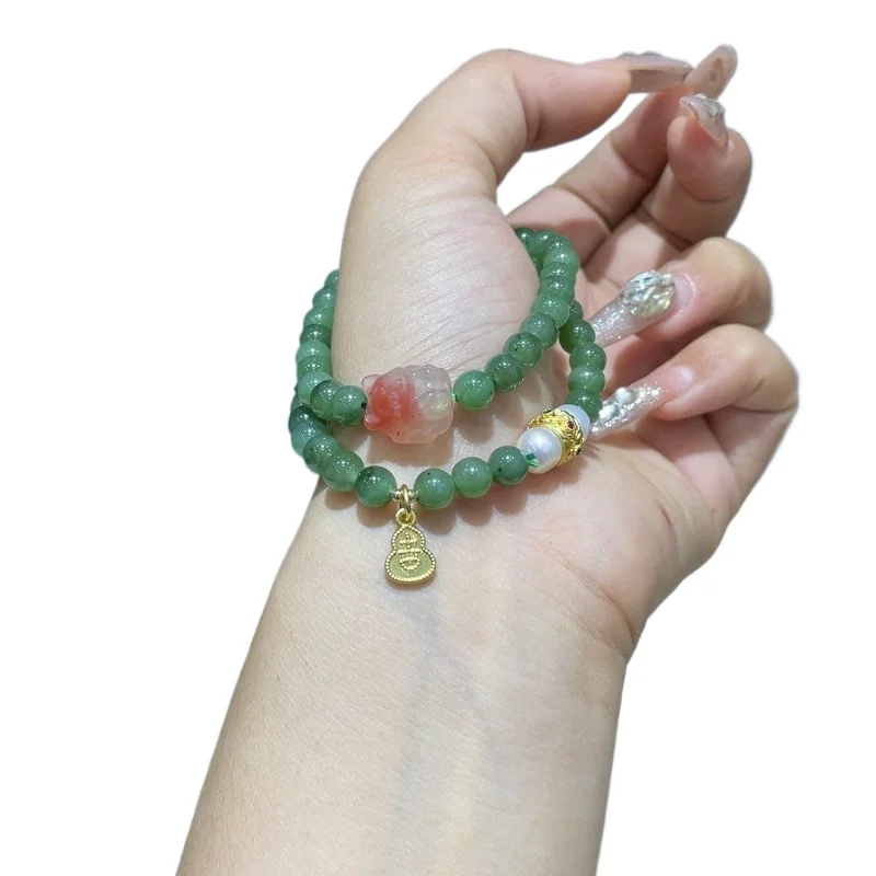 Natural Hetian Jade Jasper Nine-tailed Fox Double Circle Bracelet, Ancient Style National Style Bracelet Women's Bracelet.