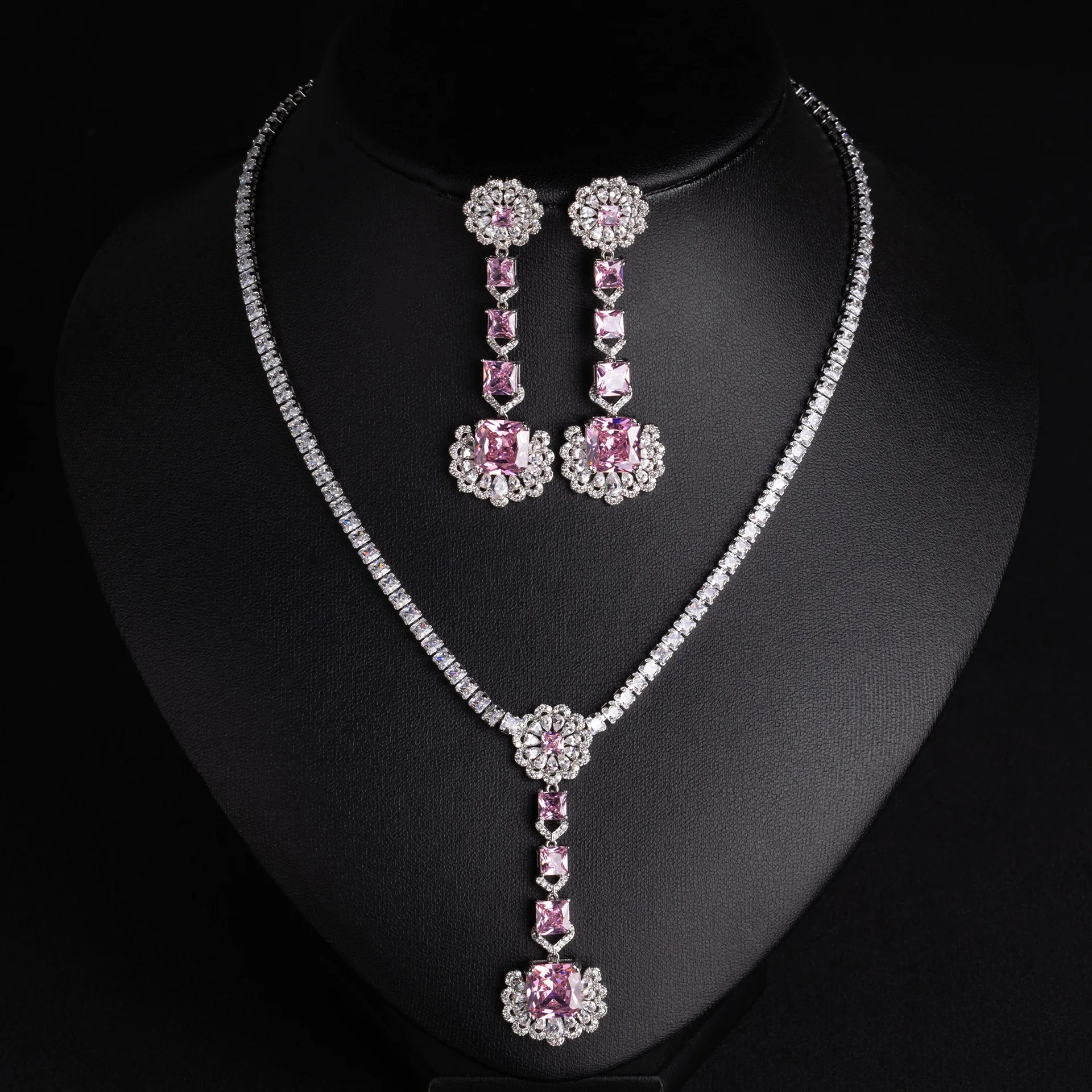 Elegant Sparkling CZ Bridal Jewelry Set Light Luxury Necklace Earrings Combo For Wedding Engagement Cocktail Party Present