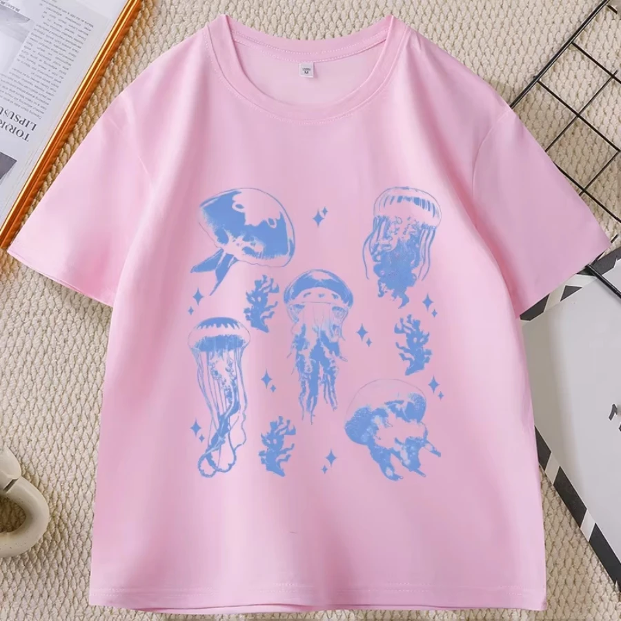 Vintage Jellyfish T-Shirt Summer Ocean Tee Sea Creature Top Casual Round Neck Printed, Vintage, Unisex Men's Women's
