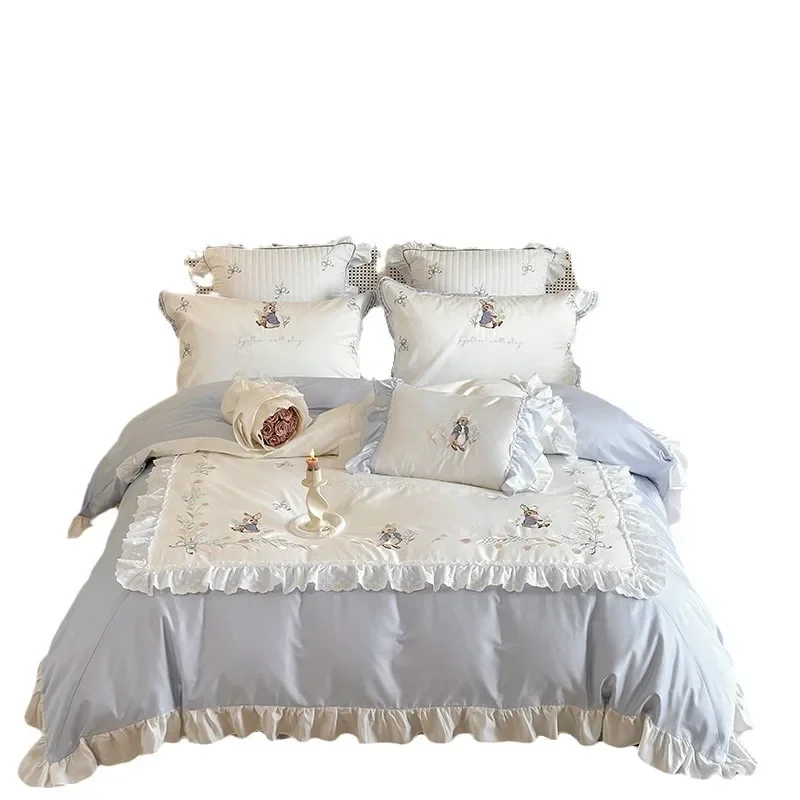 

Retro Tutu pure cotton four-piece French girl heart embroidery washed cotton bed sheet quilt cover double bed product