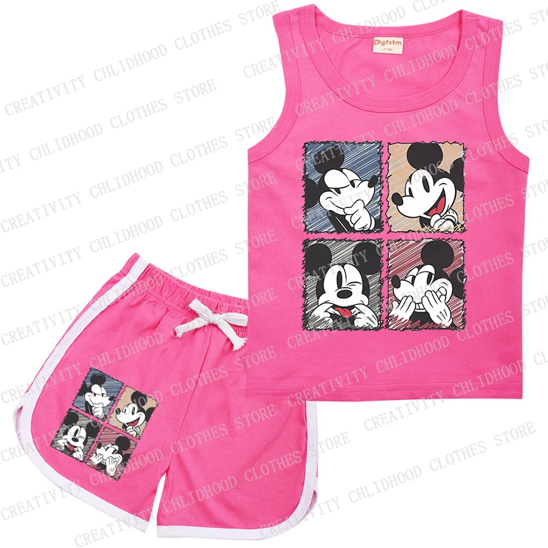 Fato esportivo sem mangas Disney para crianças, Mickey Mouse, colete e shorts Minnie Kids, roupas de desenhos animados casuais, conjuntos menino e menina, verão